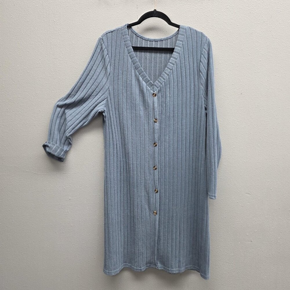 Shein Curve Sweater Womens 3XL Blue Ribbed Button Front V Neck Cardigan Dress